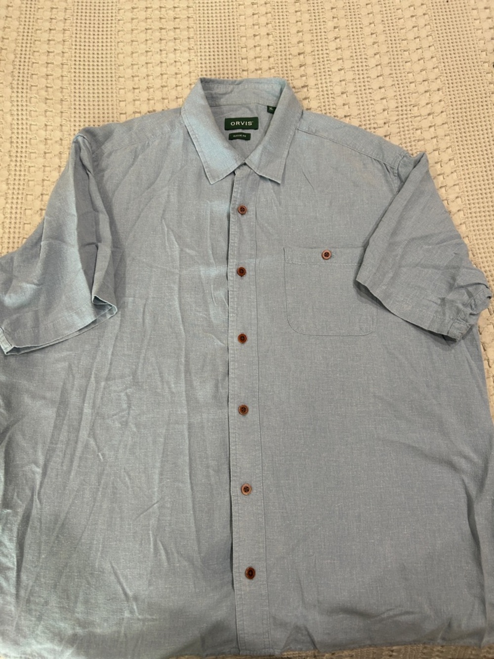 Orvis Hemp Blend Men's Pale Blue Short Sleeve Button-Down Shirt